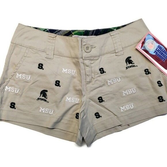 NCAA Michigan State Spartans Khaki Embroidered Game Day Shorts Women's Size 7 - Picture 1 of 6